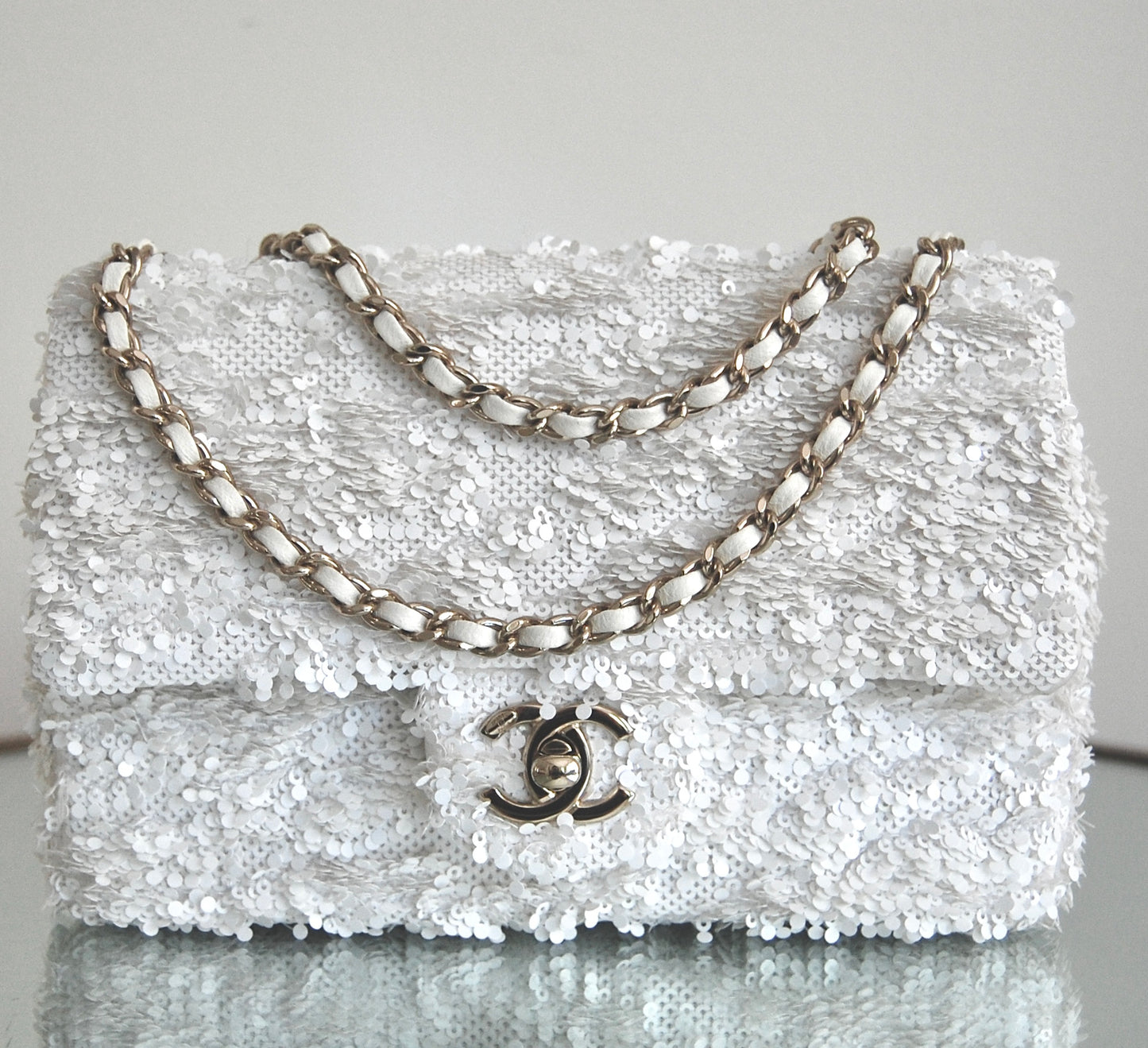 Chanel White Sequin Mini Flap Gold Hardware