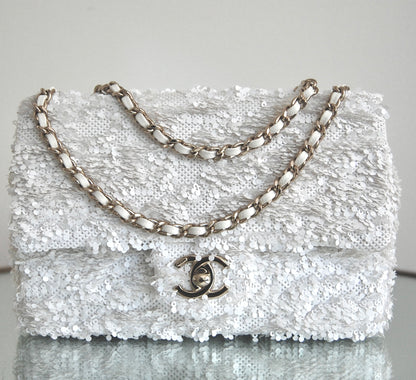 Chanel White Sequin Mini Flap Gold Hardware
