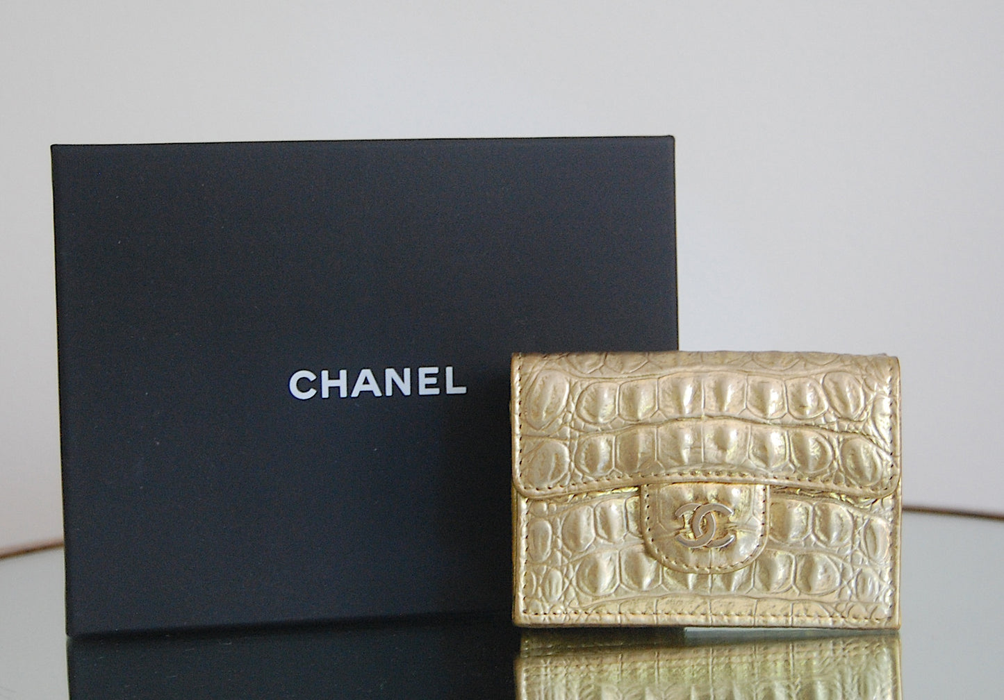 Chanel Gold Coco Croc Embossed Wallet