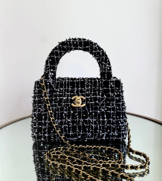 Chanel Black Sequin Tweed Mini Kelly Gold Hardware