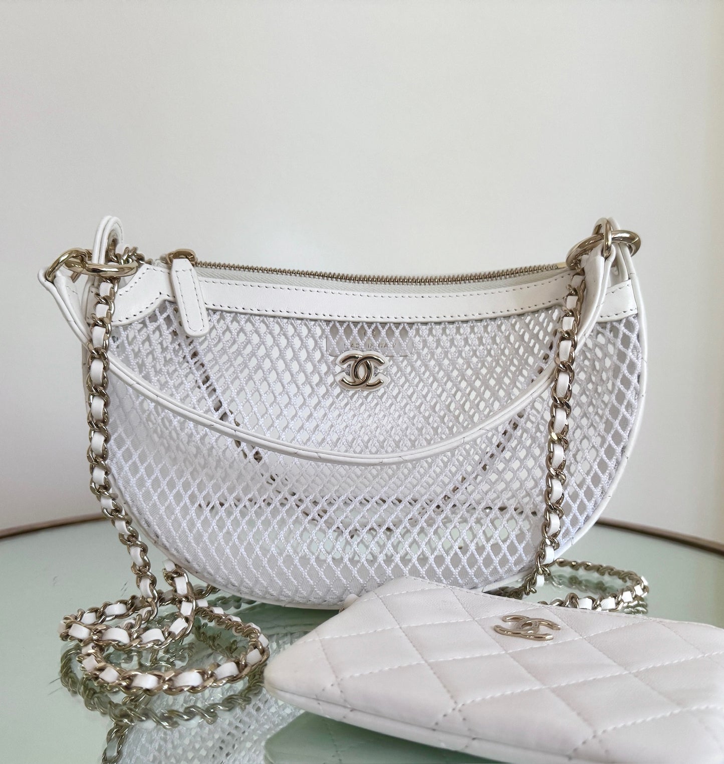 Chanel White Shiny Mesh Chain Hobo w Pochette Gold Hardware