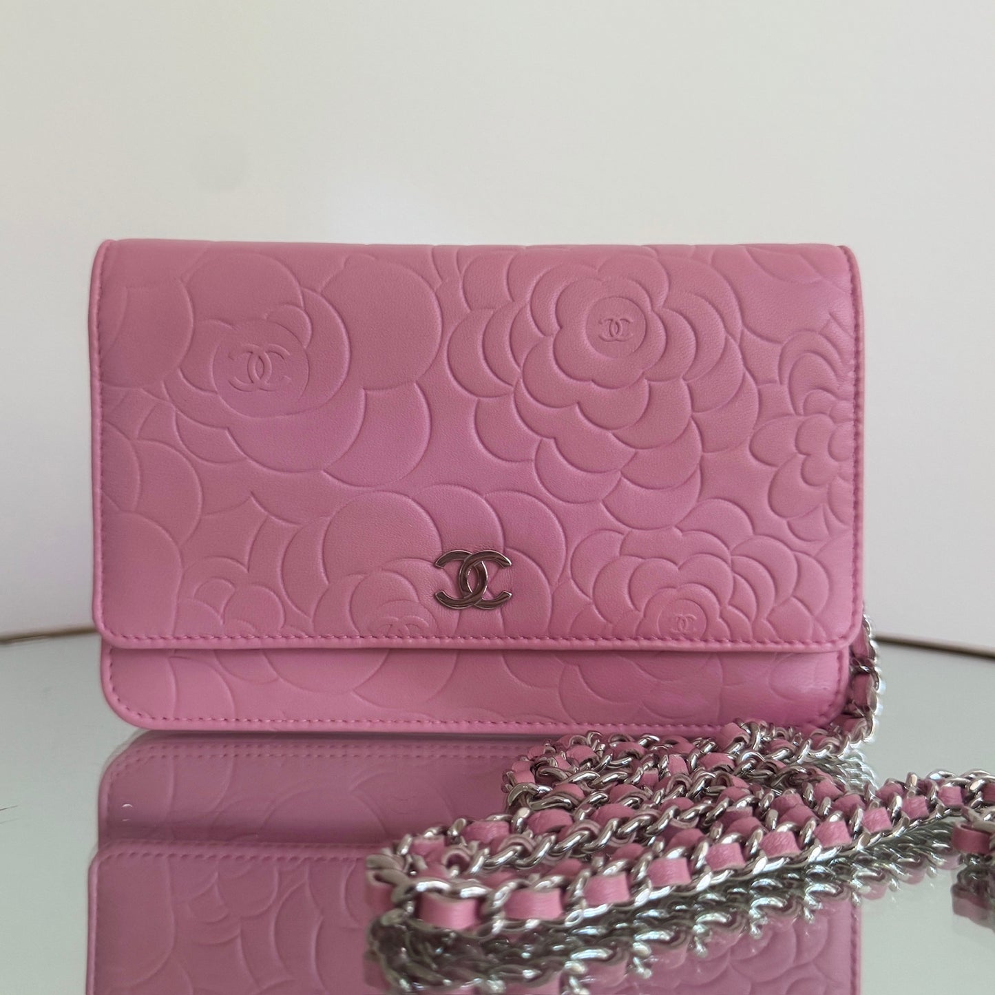 Chanel Light Pink Magnolia Embossed Wallet on Chain Silver Hardware