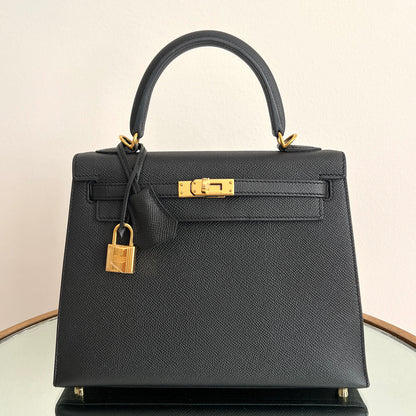 Hermes Kelly 25 Sellier Noir Epsom Gold Hardware