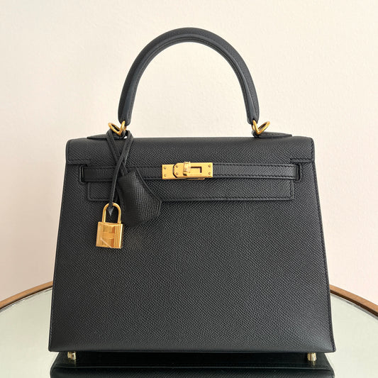 Hermes Kelly 25 Sellier Noir Epsom Gold Hardware