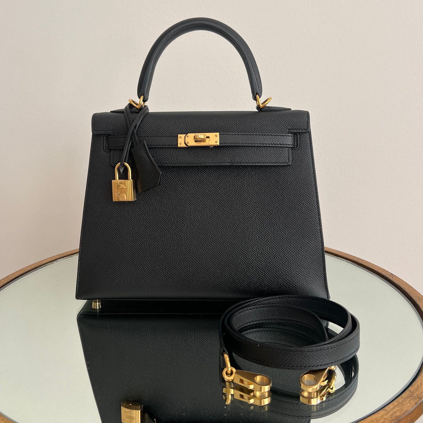Hermes Kelly 25 Sellier Noir Epsom Gold Hardware
